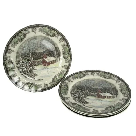 Johnson Bros FRIENDLY VILLAGE 10" DINNER PLATES School House England SET OF 4 - Picture 1 of 11